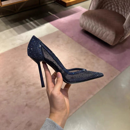 Novos sapatos femininos de salto alto finos pontiagudos com strass de malha, sapatilhas de bico fino, sandálias sexy apimentadas