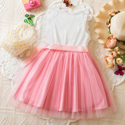 Girls Elegant Tulle Princess Dress Floral Decor Kids Vest Mesh Dress Children 2026 Summer Fanshion Clothing