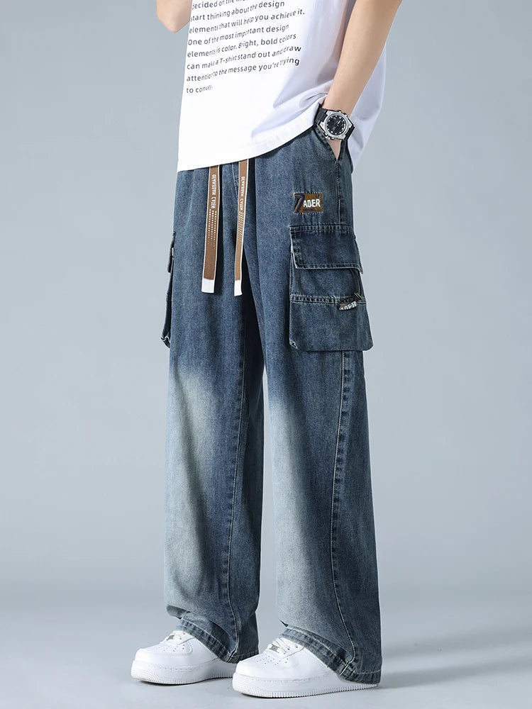 Summer Men's Straight Jeans Multi-Pockets Wide Leg Denim Cargo Pants 8XL 7XL 6XL Big Size Lightweight Baggy Solid Jeans Trousers