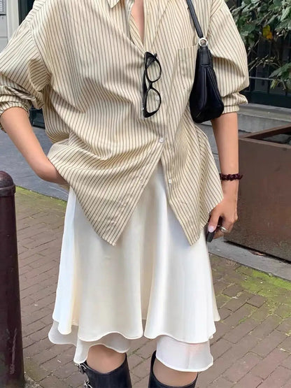 Elegant Satin Women Skirts Solid Zipper Faldas Mujer Ladies Double-layer Casual Chic Black White Dot Mini Skirt Korean Summer
