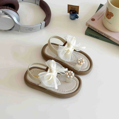 Brand Designer Ribbons Sandals for Girls Beaded Flip Flop Evening Party Dress Shoes Tulle Bow-tie Child Shoes Girl Sandal I06034