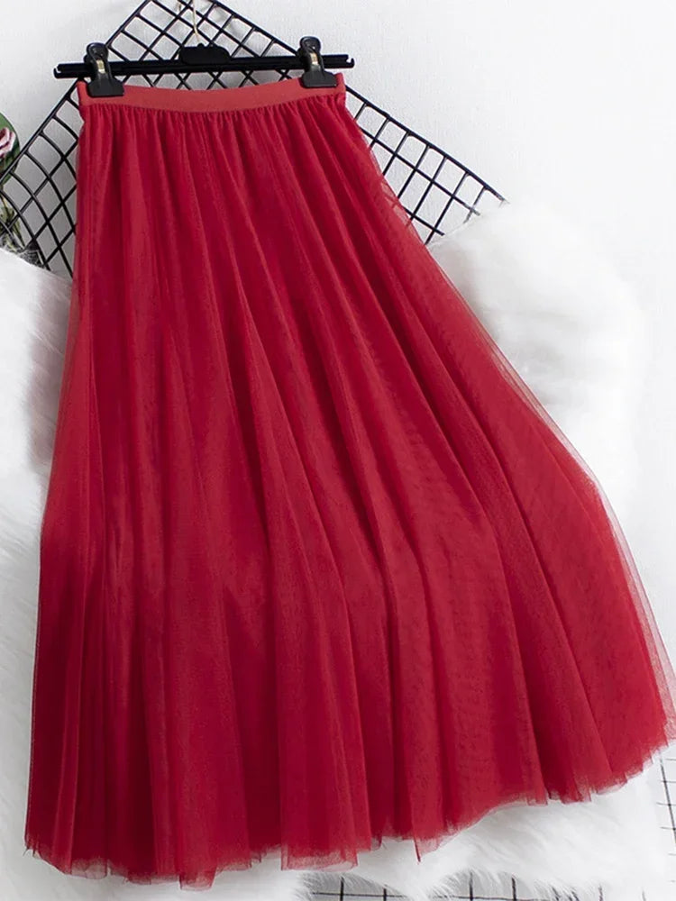 New large hem chiffon long skirt for women's Korean casual simple solid color three-layer A-line high waisted long skirt