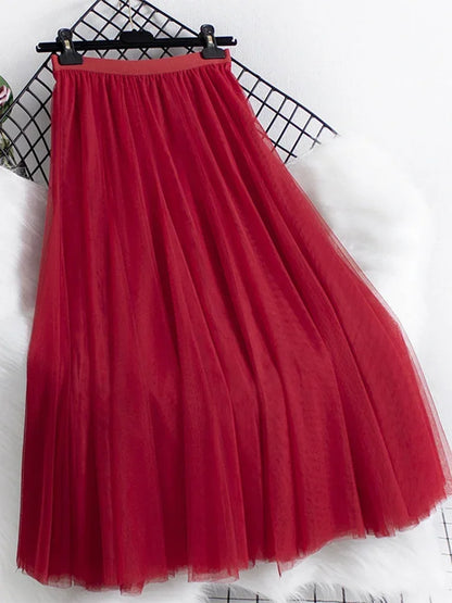 New large hem chiffon long skirt for women's Korean casual simple solid color three-layer A-line high waisted long skirt