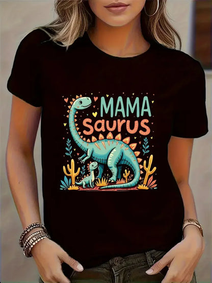 Funny MamaSaurus T-Rex Dinosaur Mom T-Shirt Retro Vintage Tee Soft Crew Neck Short Sleeve Shirt - Mother's Day Gifts for Women