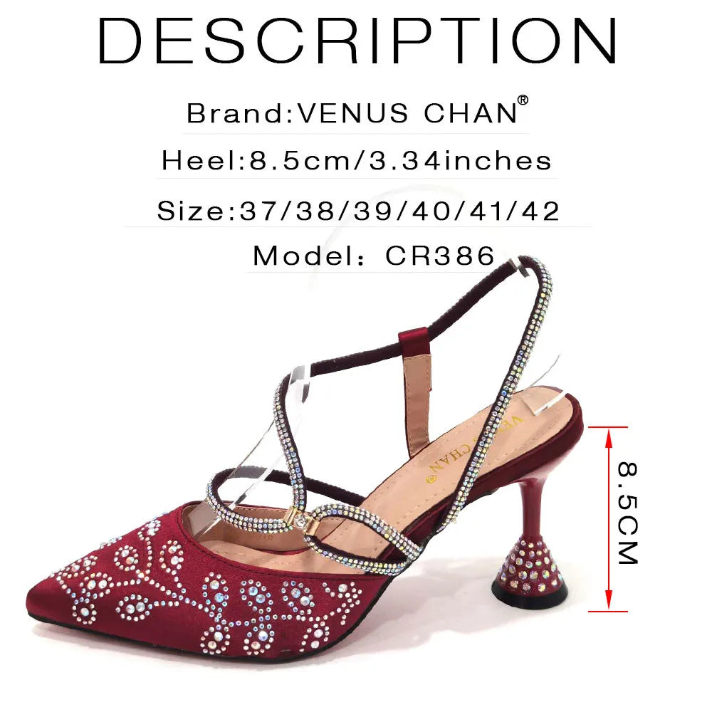 2025 Summer New Design Specials Italian Women Shoes and Bag Set Wine Color Comfortable High Heels With Rhinestone