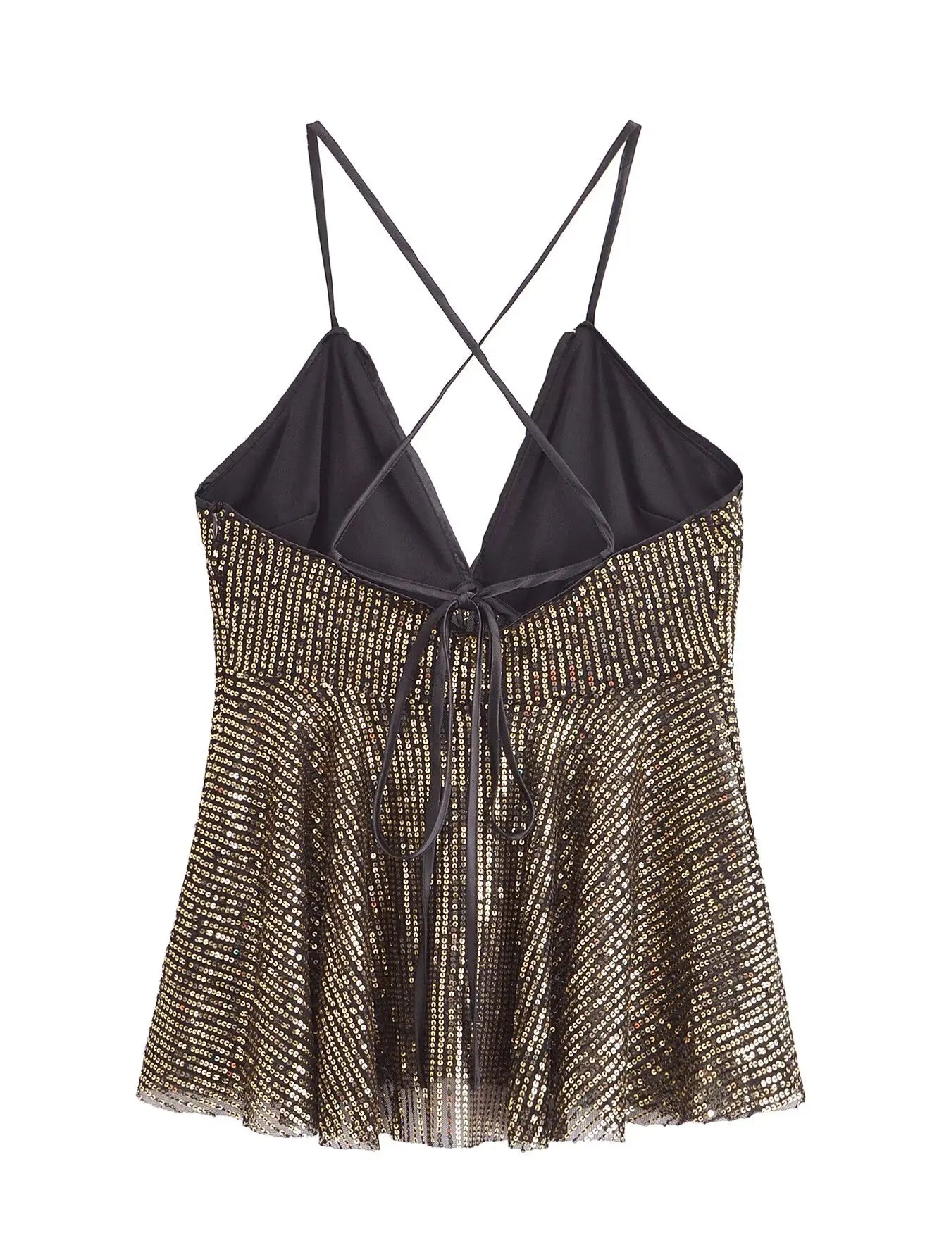 2025 Women Chic Deep V Neck Sequined Design Sling Camis Tank Lady Backless Cross Sexy Shirt Blouse Tops LS7381