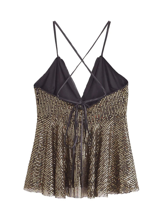 2025 Women Chic Deep V Neck Sequined Design Sling Camis Tank Lady Backless Cross Sexy Shirt Blouse Tops LS7381