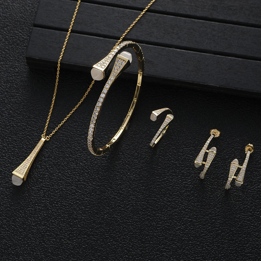 NEW Famous Brand Waterdrop Necklace Bracelet Ring Earrings For Women Wedding Party Cubic Zircon Dubai Bridal Jewelry Set HXS001