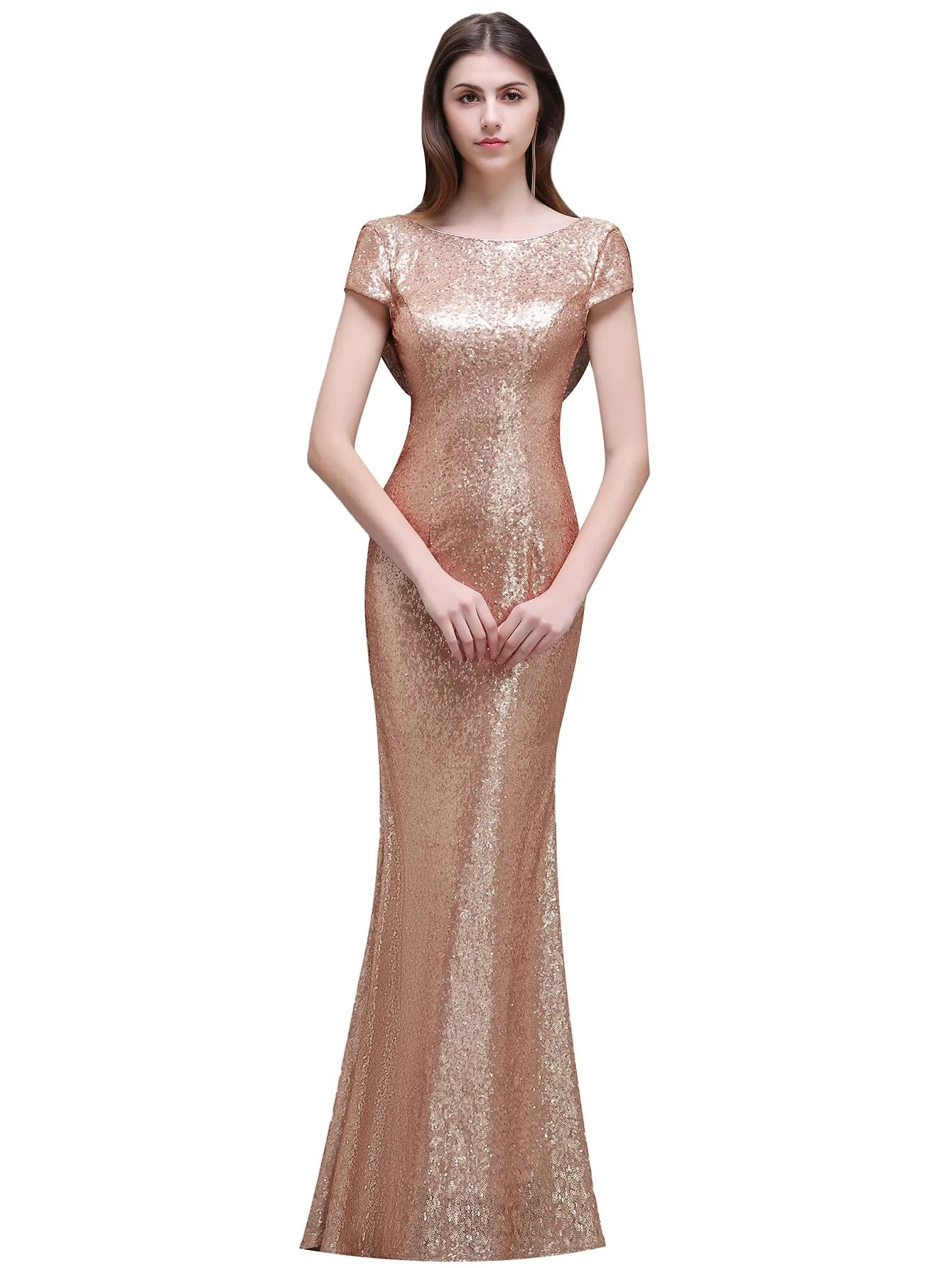 Champagne Sequins Bridesmaid Dresses Mermaid Rose Gold Short Sleeves O Neck Burgundy Summer Formal Wedding Party Guest Gown