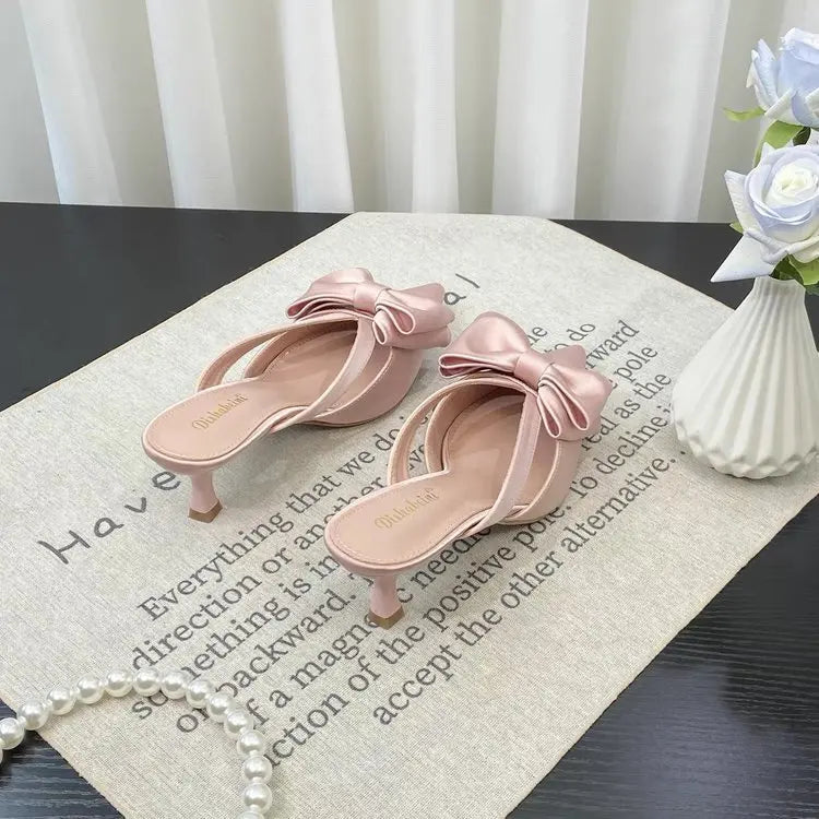 Fairy Style Pink Cool Slippers for Women's Summer 2024 French Pointed Bow Hollow High Heels, Half Wrapped Women's Slippers