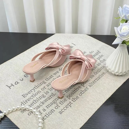 Fairy Style Pink Cool Slippers for Women's Summer 2024 French Pointed Bow Hollow High Heels, Half Wrapped Women's Slippers