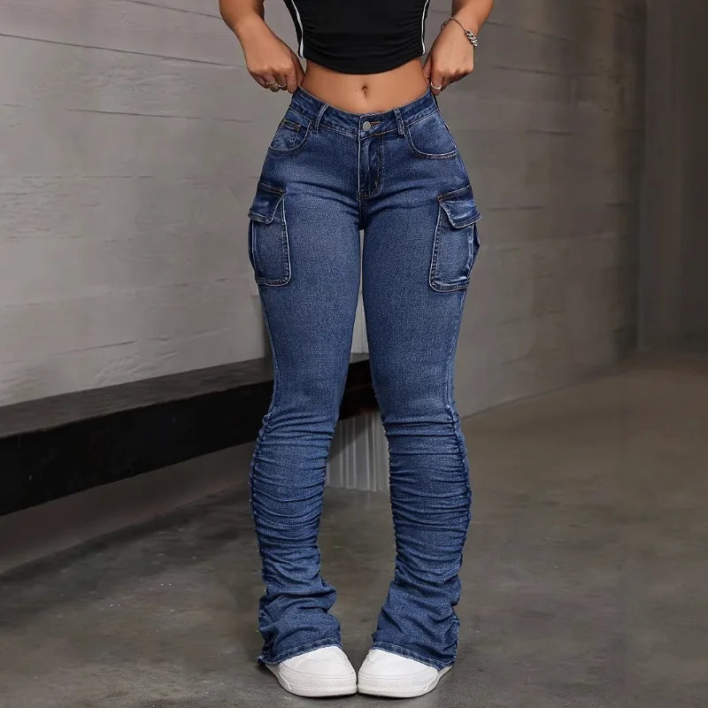 Calça Jeans Feminina de Cintura Alta Elástica Cintura, Calça Jeans Feminina Sexy Levanta Bumbum, Calças Jeans de Verão com Vários Bolsos, Moda Streetwear Feminina, Calça Slim