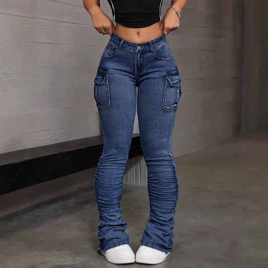 Women High Waist Elastic Jeans Ladies Sexy Hip Lifting Denim Pants Multi Pocket Summer Fashion Streetwear Female Slim Trousers