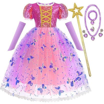 Short Sleeve Purple Puffy Dress + Accessories Girls Cosplay Rapunzel Summer Casual Dress Birthday Party Gift