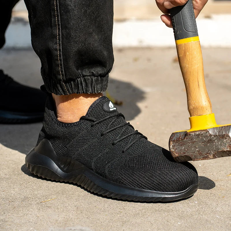 Men‘s Safety Shoes with Steel Toe Puncture Proof Anti-smash Work Sneakers Lightweight Breathable Black Sneakers for Construction