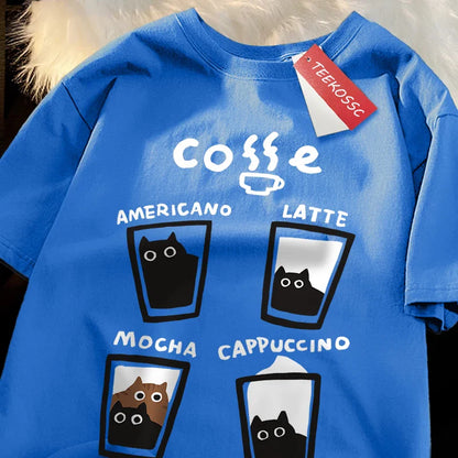 Fun Coffee Cat Japanese Style Men Women T-Shirts Oversize Tshirt Breathable Loose Short Sleeve Tee Clothes Cotton Streetwear