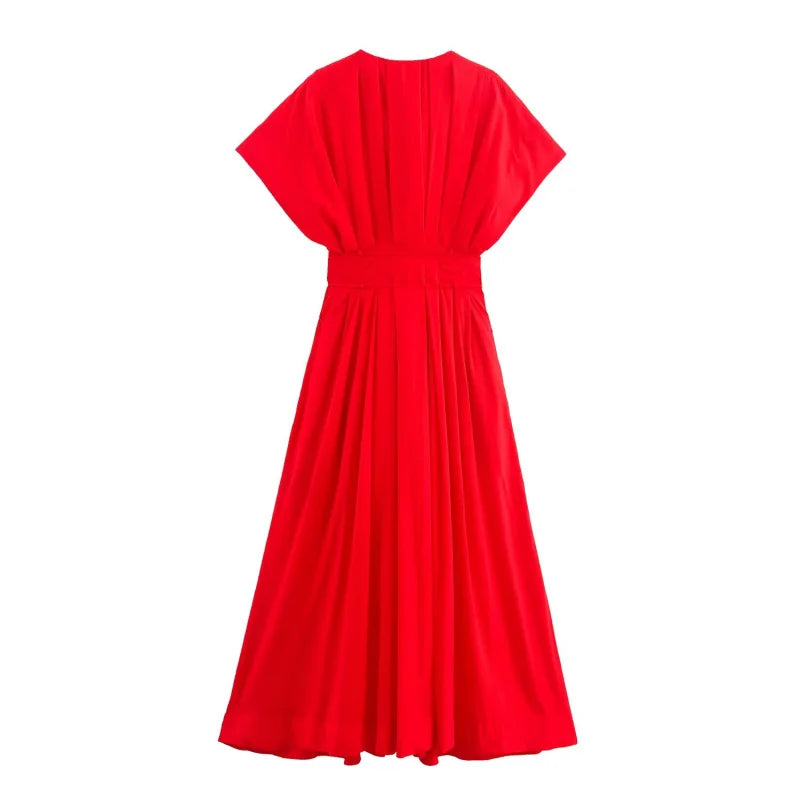 women's elegant party dress Vintage V-neck fashion pleated lace-up MIDI poplin dress
