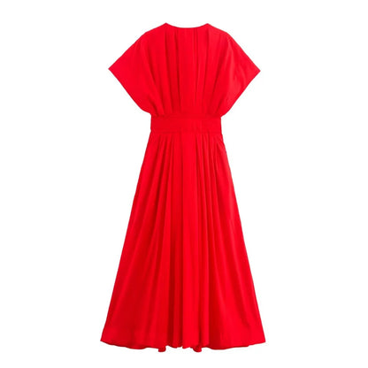 Summer 2025  women's elegant party dress Vintage V-neck fashion pleated lace-up MIDI poplin dress