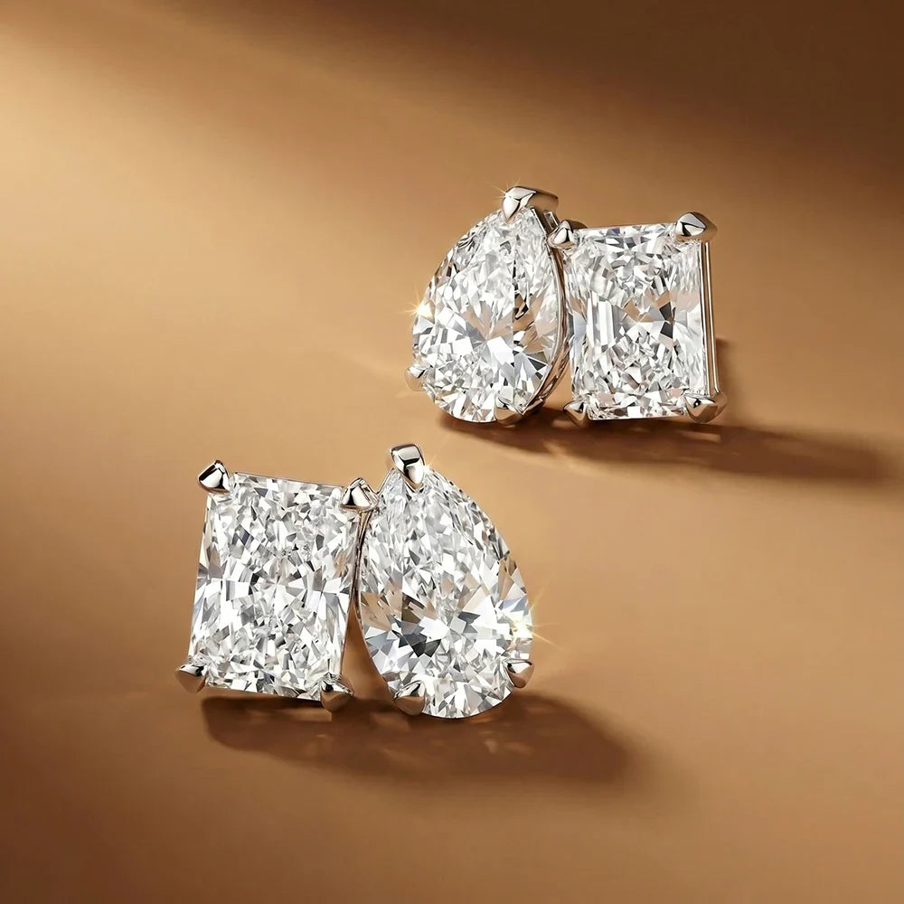 Double Mossanite Stud Earrings for Women Radiant/Pear Cut D Color VVS1 Lab Diamond Ear Studs with Certificate S925 Fine Jewelry