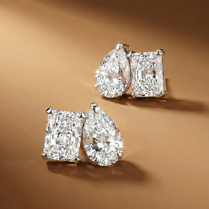 Double Mossanite Stud Earrings for Women Radiant/Pear Cut D Color VVS1 Lab Diamond Ear Studs with Certificate S925 Fine Jewelry