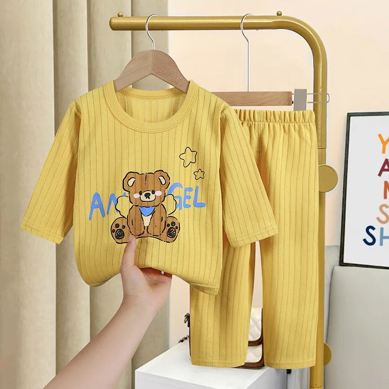 Cartoon Bear Print Tops+Trouser Fashion Home Clothing Boys And Girls Spring Summer 2024 New Sleepwear 2pcs Toddler Thin Suits