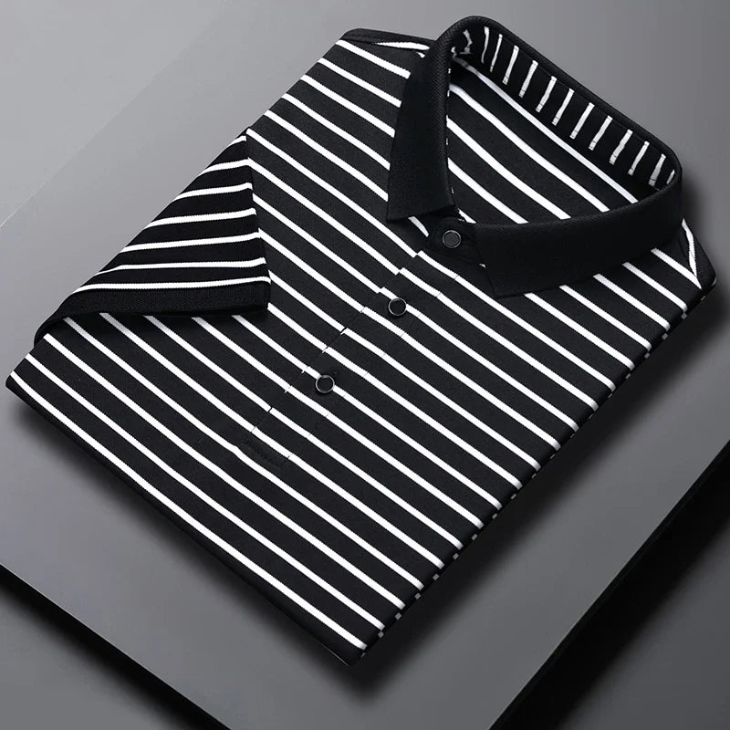 2024 Men's New Striped Cotton Business Casual Short Sleeved POLO Shirt Fashion Short Sleeved Comfortable and Breathable Top
