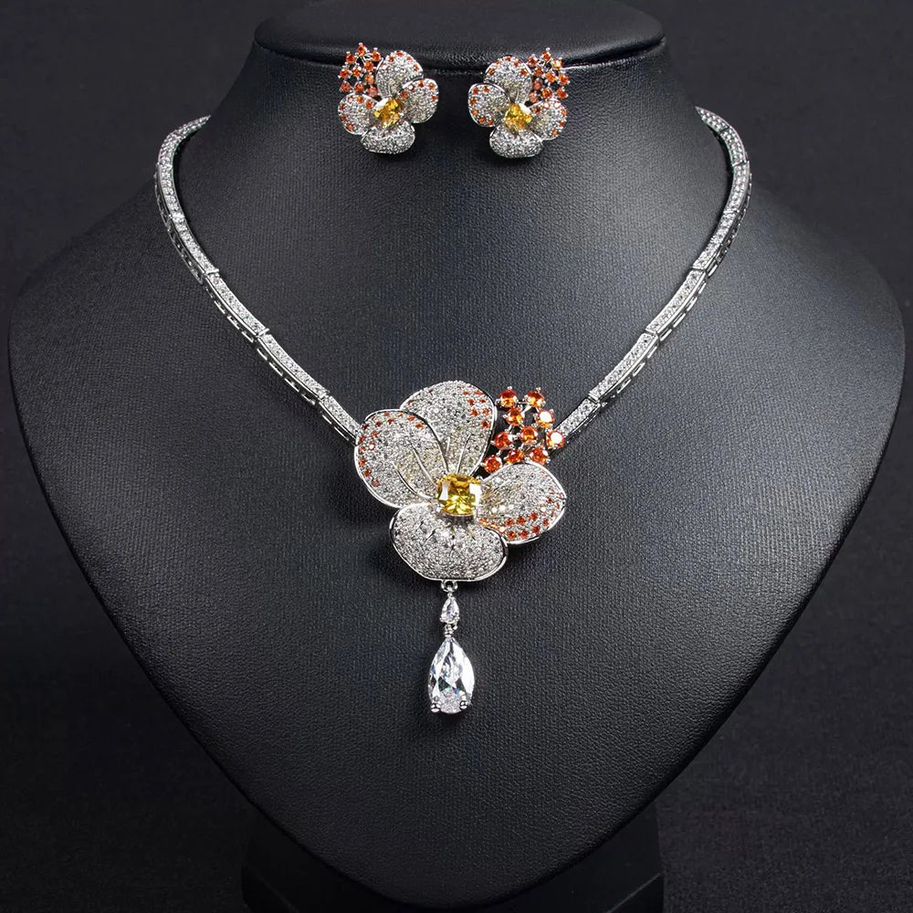 Cubic Zircon Crystal White Flower Women Choker Necklace and Earrings Bridal Jewelry Set for Wedding Dress Accessories S-338