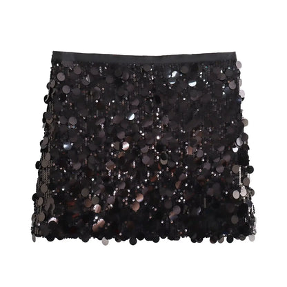 Women Spring Autumn Chic Mini Skirts Fashion With Sequined Solid Side Zipper Short Skirt Female Vintage High Waist Skirt