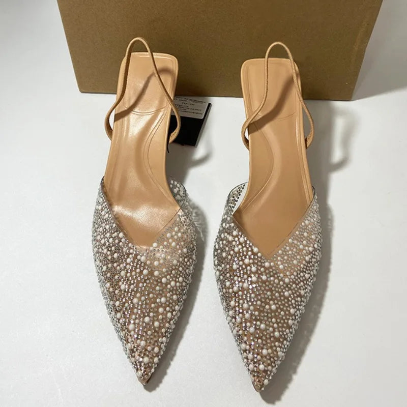 2025 Summer Women's High Heeled Sandals Transparent Pointed Toe Elegant Ladies Fashion Shoes Pearl Decoration Slingback Sandal