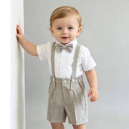 Summer Kids Boy Linen Suit Set Double Breasted Vest Shorts Bowtie for Ring Bearer Flower Boys Toddler Gentleman Outfit Clothes