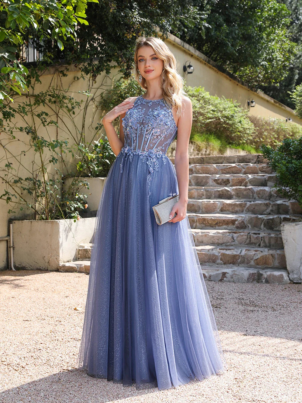 Dusty Blue Soft Shiny Tulle Long Evening Dresses Elegant Appliques Lace Open Back Sexy Prom Formal Party Maxi Gowns