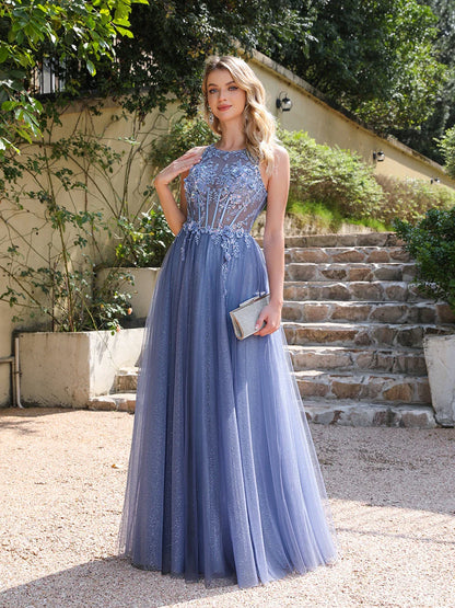 Dusty Blue Soft Shiny Tulle Long Evening Dresses Elegant Appliques Lace Open Back Sexy Prom Formal Party Maxi Gowns