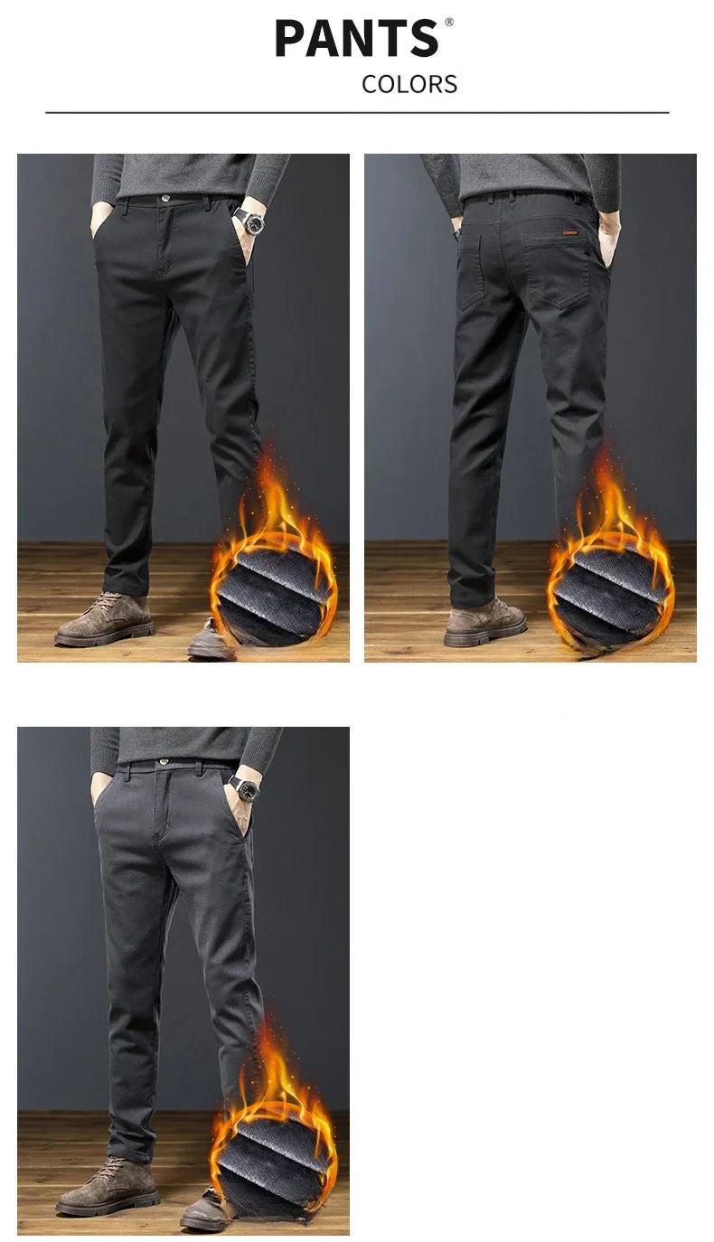 Classic Men's Fleece Slim Pants Winter Casual Velvet Business Straight Solid Thick Plush Trousers Brand Clothing Man Pants