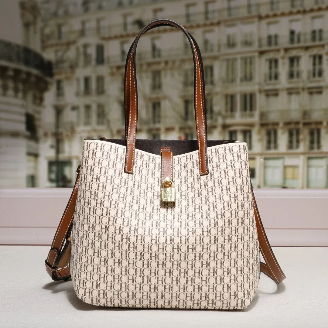 Exquisite Monogram Tote Bag Padlock Accent Quality Shoulder Straps Fine Stitching Spacious Daily Commute Travel Essential