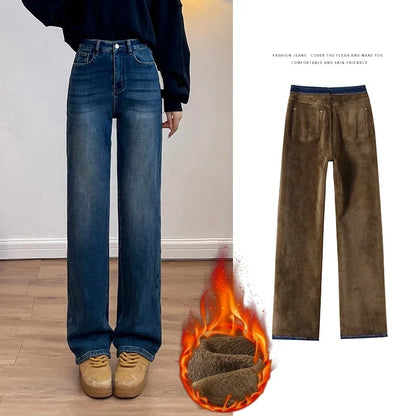 Women's Velvet Jeans Loose Straight Warm Soft Fleece Pants
