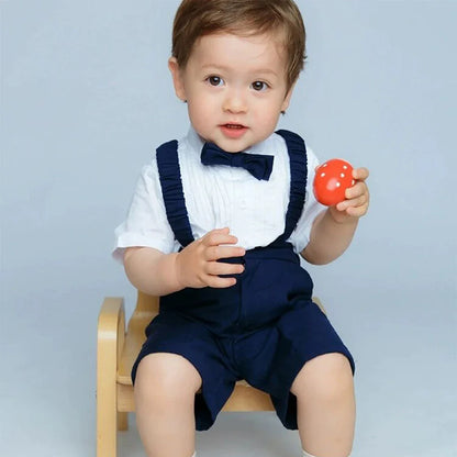 Summer Children's Clothing Short Sleeve Lapel Wrinkle Shirt with Solid Overalls Boy Gentleman Wedding Costume Cotton Kid Suit