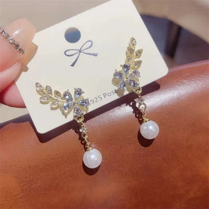 Exquisite Leaves Crystal Flower Stud Earrings For Women AAA Zircon Rose Butterfly Tassel Earring Bride Wedding Party Jewelry