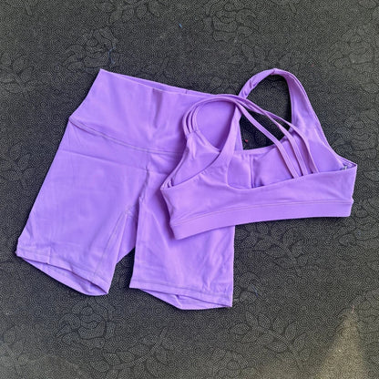 Solid Color Gym Yoga Set Short Legging Cross Back Shoulder Strap Sport Bra Tracksuit Women Suit Comprehensive Training Athletic