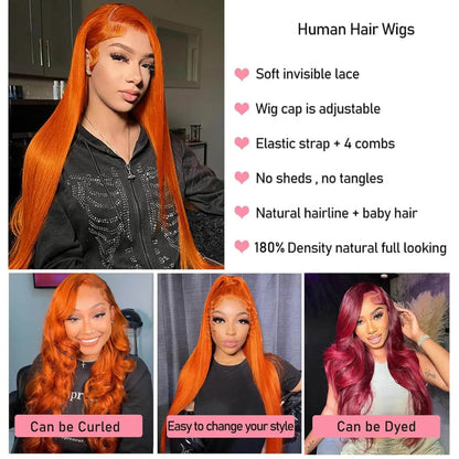 Ginger Wig Human Hair 30 Inch 200 Density 13x6 HD Transparent Lace Front Wigs Human Hair Pre Plucked Straight Wig Human Hair