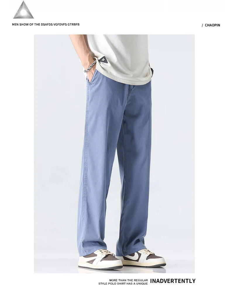 Coffee Ultra-thin Wide Pants Men Lyocell Fabric Breathable Soft Straight Casual Trousers Loose Simple Male Sweatpants