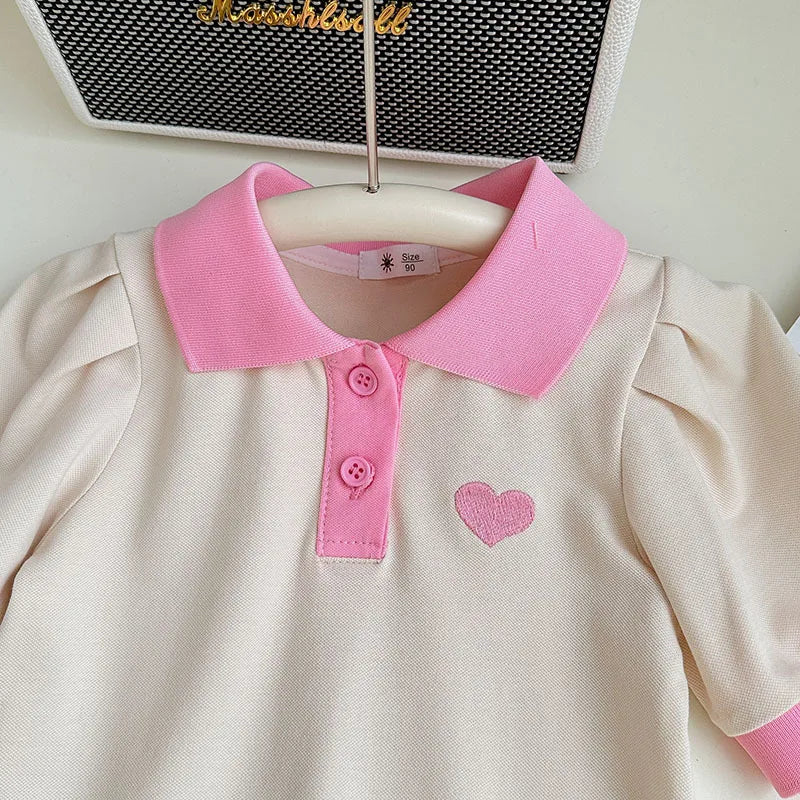 2026 Summer Stylish Girls' Polo Shirt Dresses 1-7Y Trendy Embroidered Heart Lapel Dress for Kid's Children's Clothing Outfit