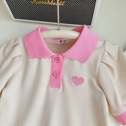 2026 Summer Stylish Girls' Polo Shirt Dresses 1-7Y Trendy Embroidered Heart Lapel Dress for Kid's Children's Clothing Outfit