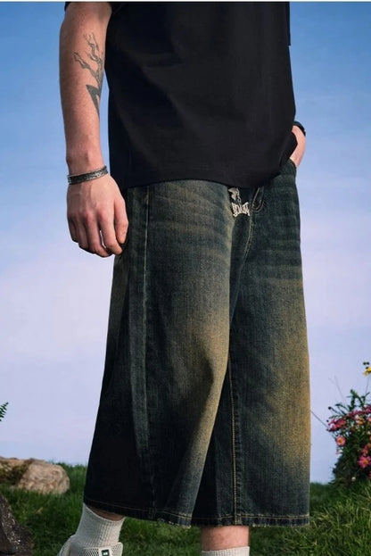 Men's 2026 Summer American High Street Retro Gradient Washed Denim Shorts Lazy Youth Trendy Ins New Versatile Casual Capri Pants