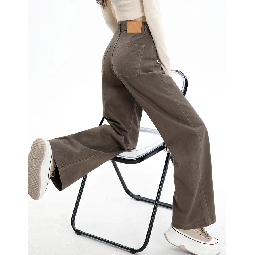 Y2k High Waist Female Clothing Solid Color Casual Wide Denim Trousers