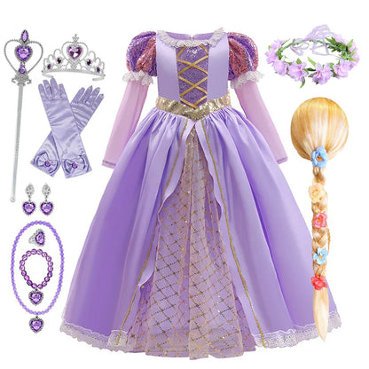 Girls Rapunzel Dress Kids Tangled Disguise Carnival Girl Princess Costume Birthday Party Gown Outfit Clothes 2-10 Years