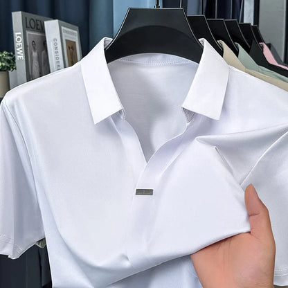 High quality ice silk short sleeve T-shirt men's lapel top trendy brand design cool silky breathable summer casual polo shirt