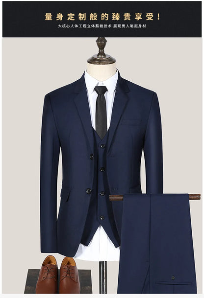 S-7XL Suit (Blazer+vest+pants) Business Dinner Gentleman Slim Gentleman Men British Style Dress Best Man Solid Color Group Suit