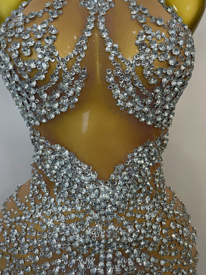 Rhinestones Sexy Mesh See Through Dress Party Evening Prom Celebrate Birthday Dress Singer Dancer Show Stage Wear
