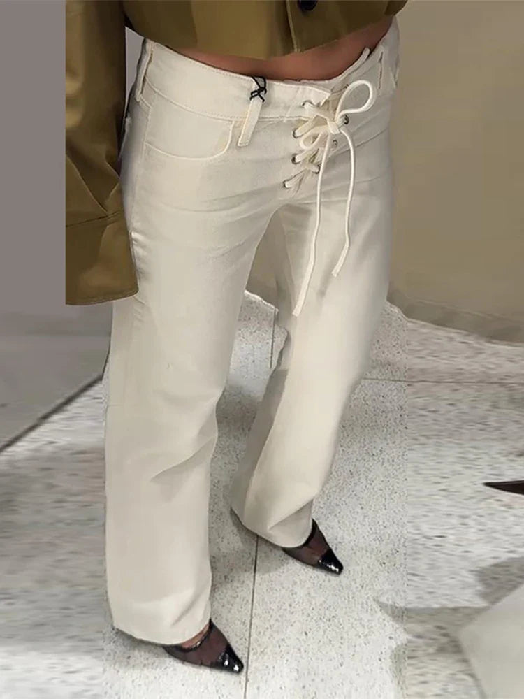 Drawstring Lace Up Women Jeans White High Waist Pockets Straight Female Denim Pants Female 2025 Summer New Fashion Lady Pant