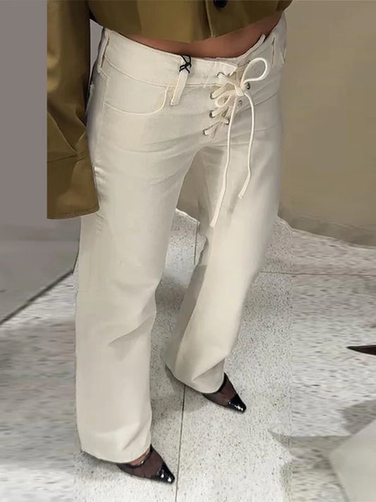 Drawstring Lace Up Women Jeans White High Waist Pockets Straight Female Denim Pants Female 2025 Summer New Fashion Lady Pant